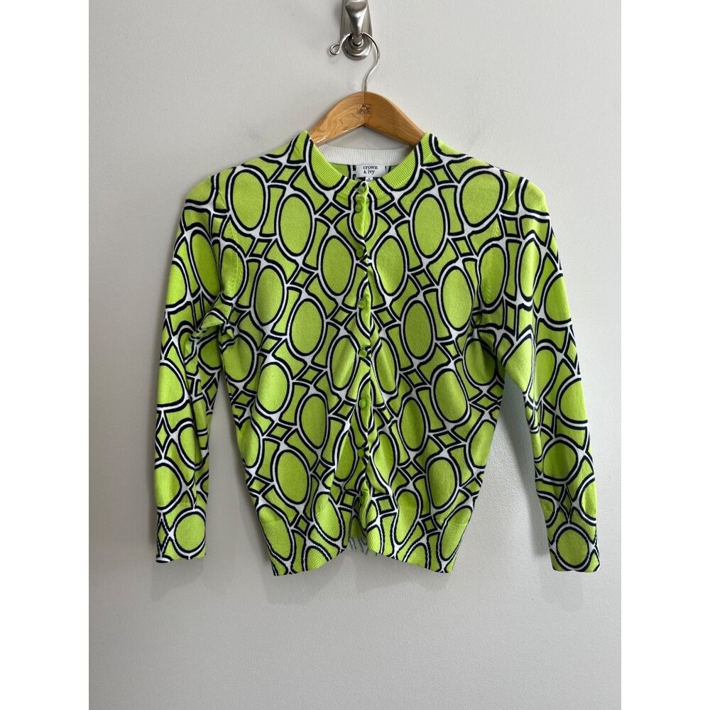 Crown & Ivy Cardigan Sweater Womens M Lime Green Print Lightweight